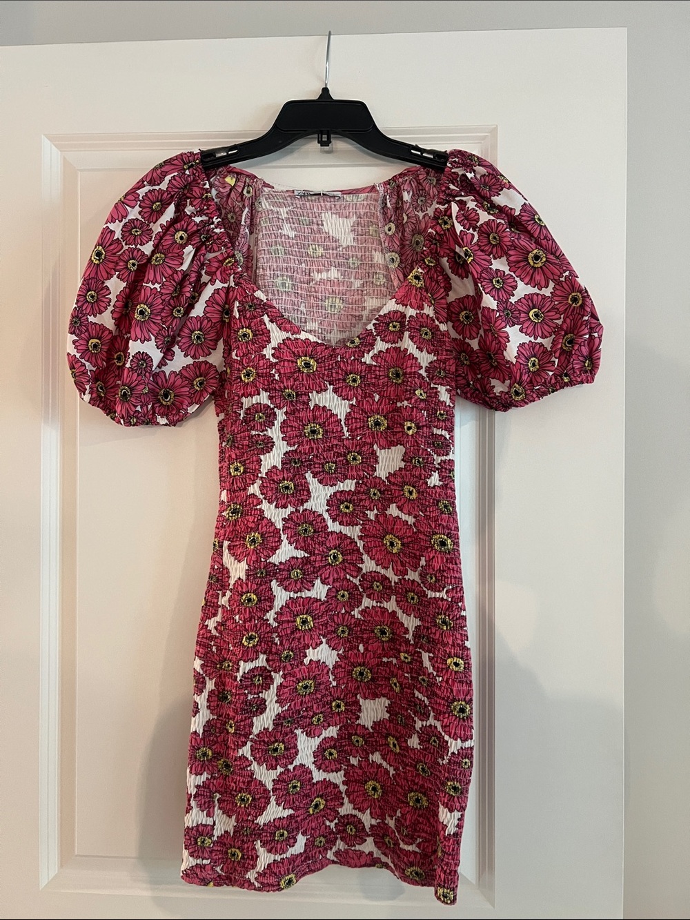 Zara Pink Floral Puff-Sleeve Smocked Mini Dress